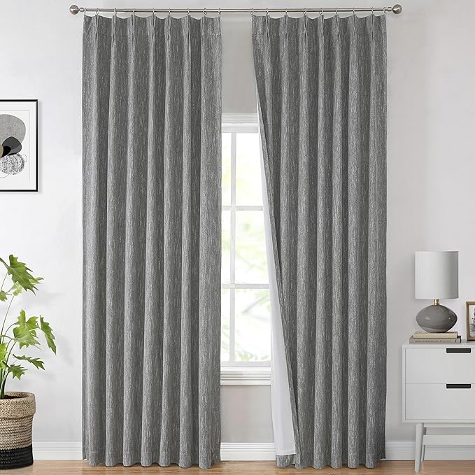 Vision Home Charcoal Grey Pinch Pleated Full Blackout Curtains Room Darkening Window Curtains for Living Room Bedroom Thermal Insulated Pinch Pleated Drapes with Hooks Back Tab 2 Panel 40" Wx102 L