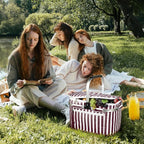 Tirrinia Large Insulated Picnic Basket, 34L Water Resistant & Leakproof Collapsible Portable Cooler Basket Set with Aluminium Handle for Travel, with a Free Foldable Grocery Bag, Wine Stripe