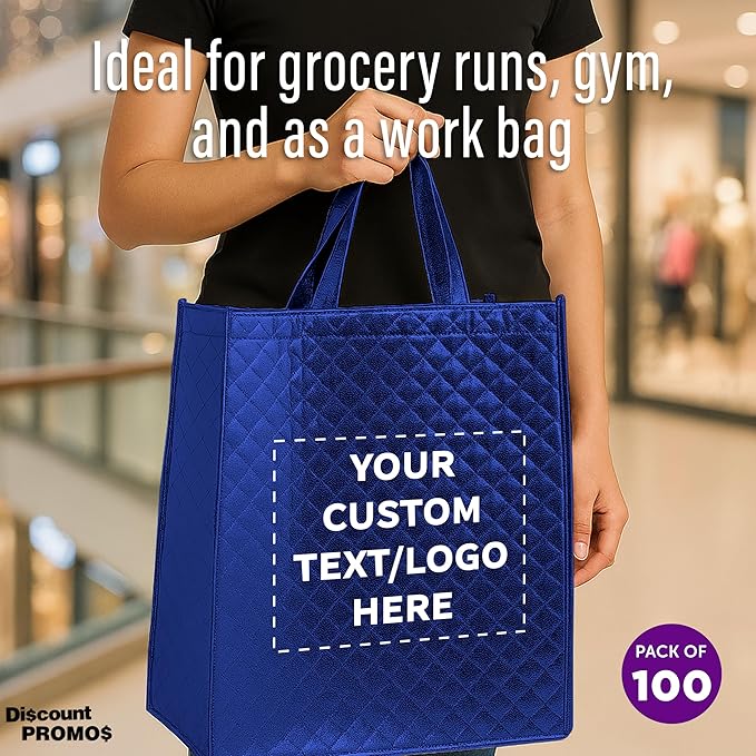 DISCOUNT PROMOS Custom Luxurious Laminated Tote Bags Set of 100, Personalized Bulk Pack - Reusable, Great for Shopping, Beach, Wedding Favors - Royal Blue