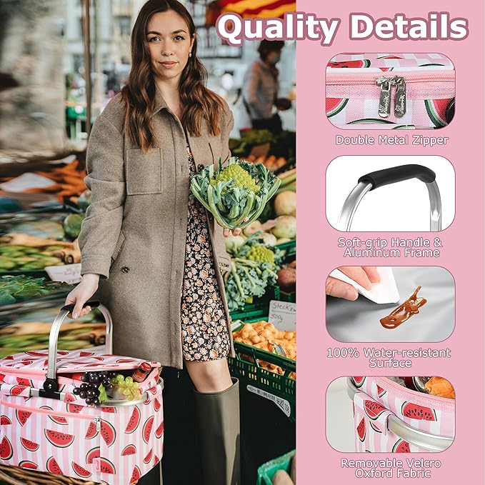 Tirrinia Large Insulated Picnic Basket, 34L Water Resistant & Leakproof Collapsible Portable Cooler Basket Set with Aluminium Handle for Travel, with a Free Foldable Grocery Bag, Pink