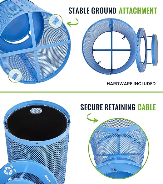 Alpine Outdoor Trash Can 36 Gallon Diamond Steel Commercial Metal Waste Bin with Leak Proof Liner, Heavy Duty Steel Mesh Design, Rain Bonnet Lid & Flat Lid for Parks, Streets, and Public Spaces-Blue