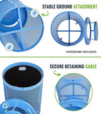 Alpine Outdoor Trash Can 36 Gallon Diamond Steel Commercial Metal Waste Bin with Leak Proof Liner, Heavy Duty Steel Mesh Design, Rain Bonnet Lid & Flat Lid for Parks, Streets, and Public Spaces-Blue