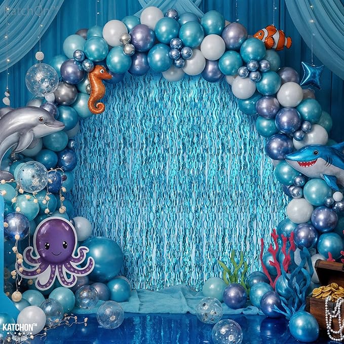 KatchOn, XtraLarge, Wavy Blue Foil Fringe Curtain - Pack of 2 | Foil Fringe Backdrop for Blue Christmas Decorations | Wavy Streamers for Winter Decorations, Birthday, Under The Sea Party Decoration