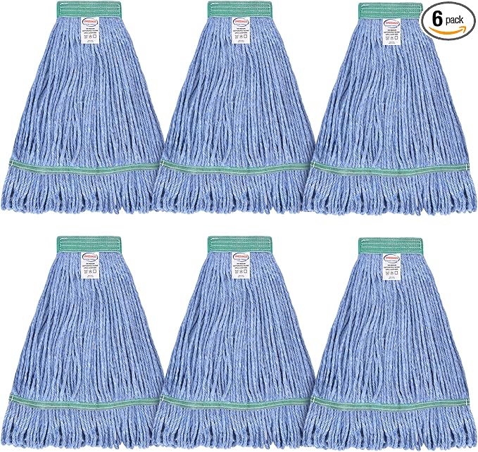Onesimus 16 oz Mop Head Replacement, Industrial Mops for Floor Cleaning Heavy Duty 4-Ply Cotton Blend Looped End Wet Mop Refills 1.25 in Universal Headband Fit Most Handles, 6 Pack Medium Blue