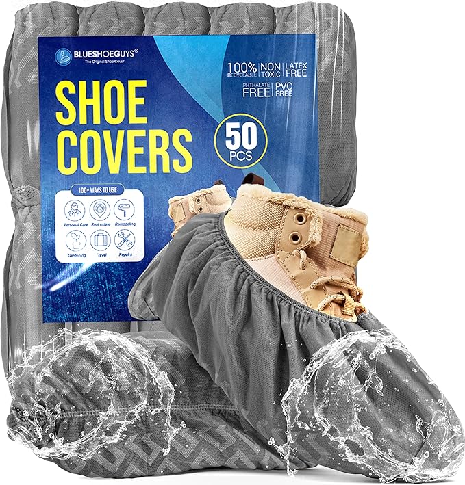 Premium Boot & Shoe Covers Disposable Booties - 50 Pack - Durable, Non-Slip, Non-Toxic, Water Resistant, Recyclable Protectors for Indoor & Outdoor - Large Size Fits Most Shoes
