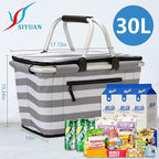 SIYUAN 30L Picnic Basket with Handles Leakproof Large Stripped Insulated Cooler Grocery Shopping Market Tote for Family Gray White