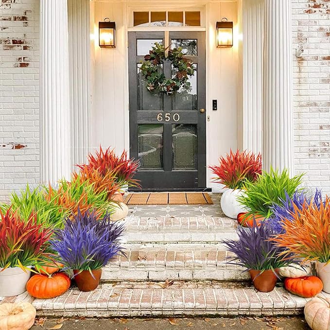 Outdoor Artificial Plants 8 Bundles Fake Plants Grass UV Resistant Fake Flowers Bush Greenery,17Inch Tall Faux Grass Shrubs for Home Porch Pathway Garden Décor Outside Indoor (Purple)