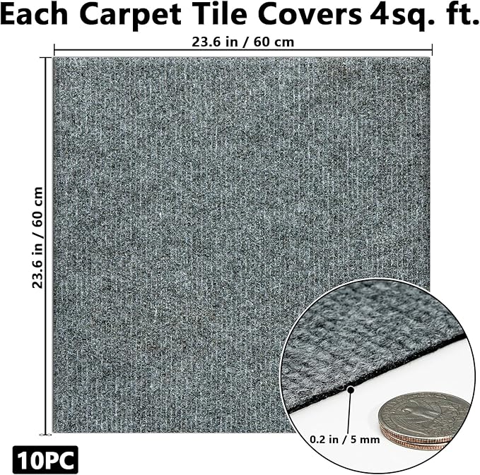 Carpet Tiles Peel and Stick, Self Adhesive Carpet Floor Tile 24" x 24", Light Grey Soft Padded Flooring Sticker, Home Decor for Bedroom Living Room Office, 10 Tiles per Box
