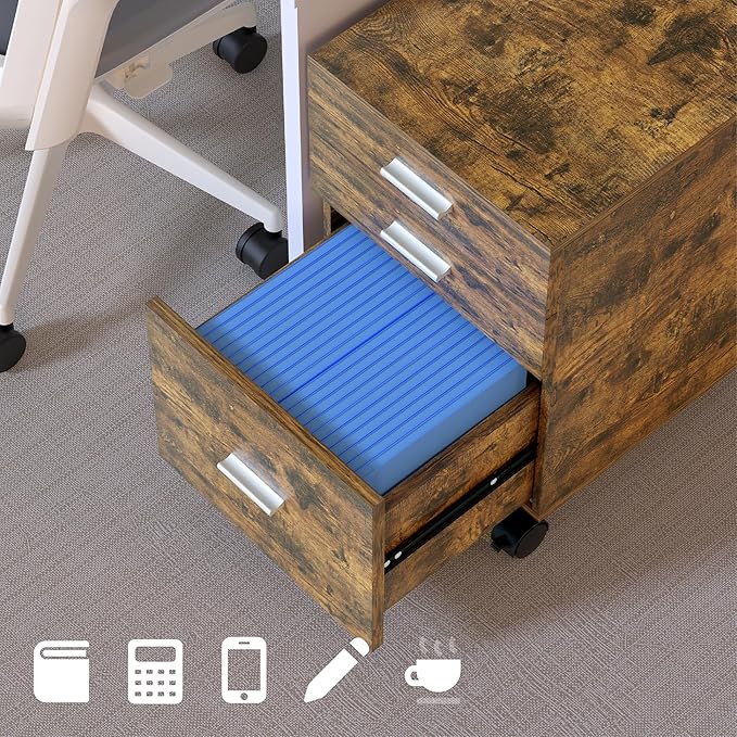 3 Drawer Mobile File Cabinet with Locking Casters,Rustic Brown,Fully Assembled Storage Cabinet with Drawers for Office & Home,18.9" L x 15.75" W x 22.05" H,220 lbs Capacity