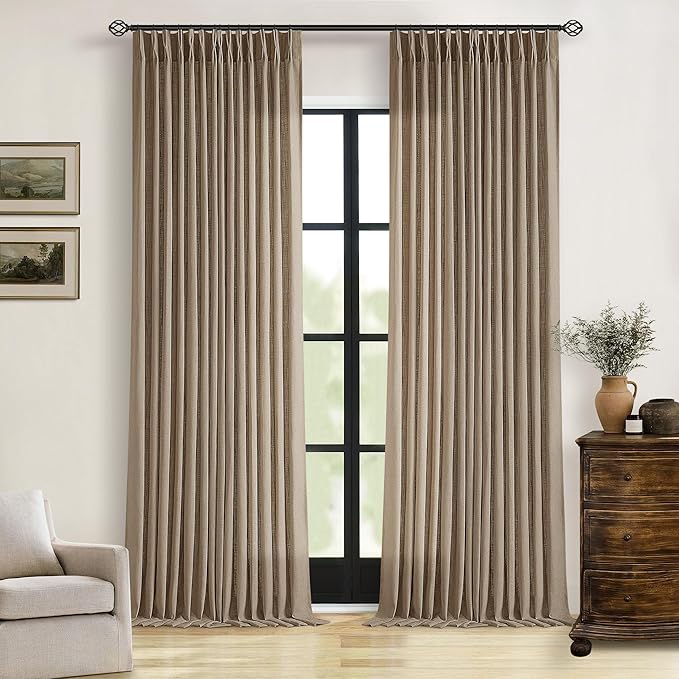 Tan Brown Linen Pinch Pleated Curtains 108 Inches Long 2 Panels for Living Room Bedroom Light Filtering Drapes 108 Inch Length Light Brown Latte Semi Sheer Memory Shape Trained Ceiling Floor Curtain