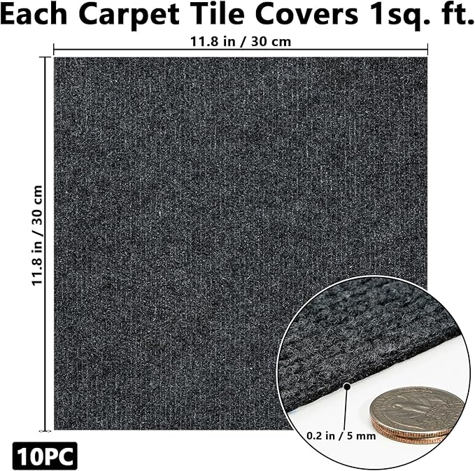 Carpet Tiles Peel and Stick, Self Adhesive Carpet Floor Tile 12” x 12”, Dark Grey Soft Padded Flooring Sticker, Home Decor for Bedroom Living Room Office, 10 Tiles per Box, 10 sq ft per Box