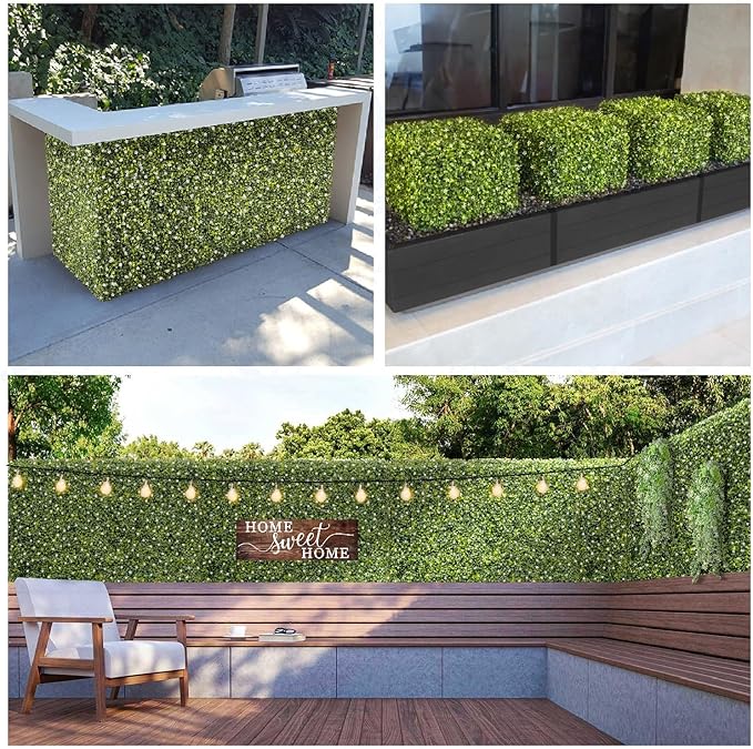 E&K 54" Wx54 Hx6 D Artificial Boxwood Hedge Wall with White Flowers, Artificial Outdoor Privacy Wall for Balcony Backyard Office, Indoor Divider Freestanding Greenery Backdrop