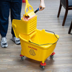 Matthew Cleaning 34 Quart Commercial Mop Bucket INCL.Wet String Mop with Side Press Wringer On Wheels,Heavy Duty Tandem Portable Floor Cleaning Wavebrake,Ideal for Household,Industrial,Restaurant