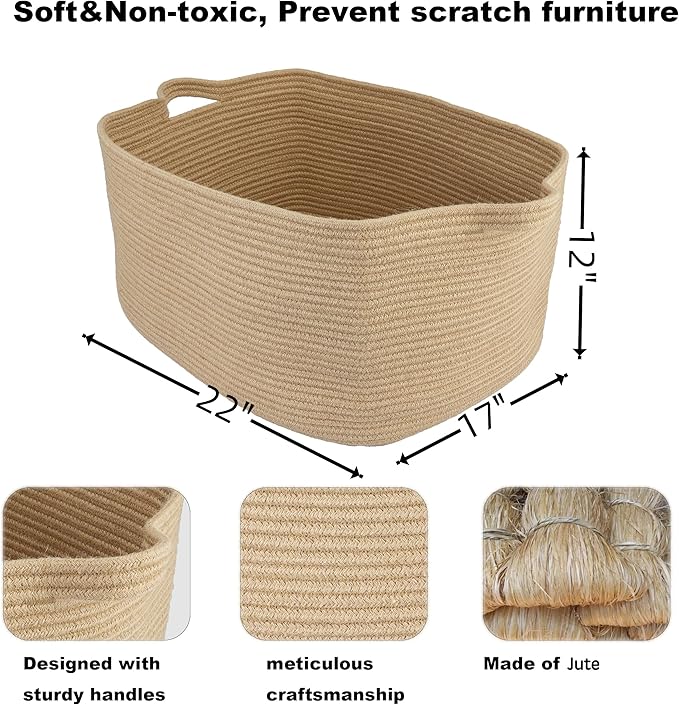 Large Rectangle Blankets Basket Living Room 22"x17"x12" Woven Jute Rope Storage Baskets for Nursery Toy Baskets for Kids and Dogs Wicker Laundry Basket Bin for Clothes Towels