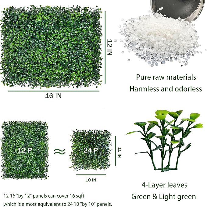 Artificial Grass Wall Backdrop Panels,16 X 12 in 12P(16 sqft) UV-Anti Greenery Boxwood Panels for Indoor Outdoor Green Wall Decor & Ivy Fence Covering Privacy