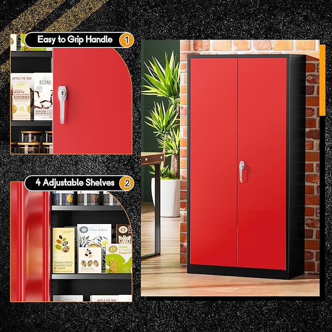 Greenvelly Metal Storage Cabinet with Doors and Adjustable Shelves,72" Black Red Locking Steel Garage Cabinet with Lock, Metal Tool Cabinets for Garage,Home Office,School