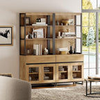 WAMPAT 2 PCS Modern 72" Tall Bookcase with 2 Drawers and Open Book Shelfs, Library Book Shelf with Storage Cabinet and Glass Doors, Wood Freestanding Bookshelves for Home Office, Living Room, Oak