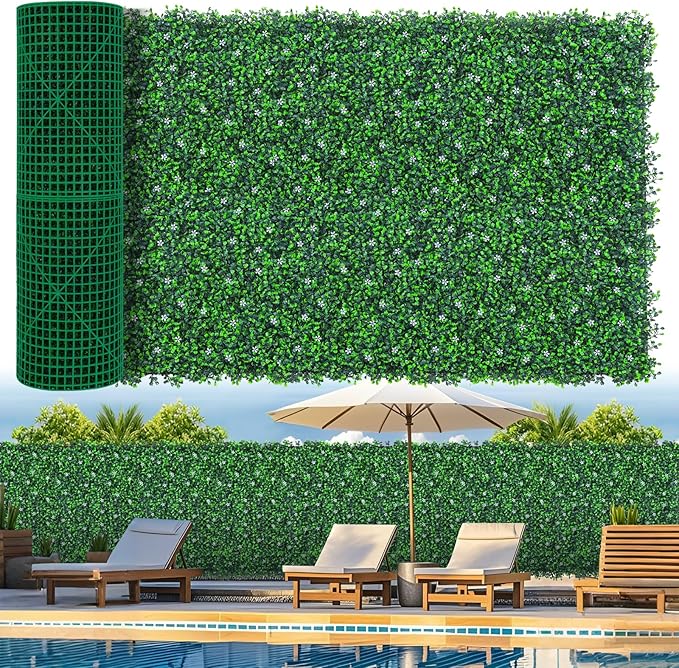 Artificial Boxwood Roll Panels with Flowers,40"x 120"(33.33 sq.ft) UV-Anti Faux Ivy Leaves Privacy Fence Screen Grass Wall Roll Panels for Indoor Home Decor and Outdoor Garden Backyard