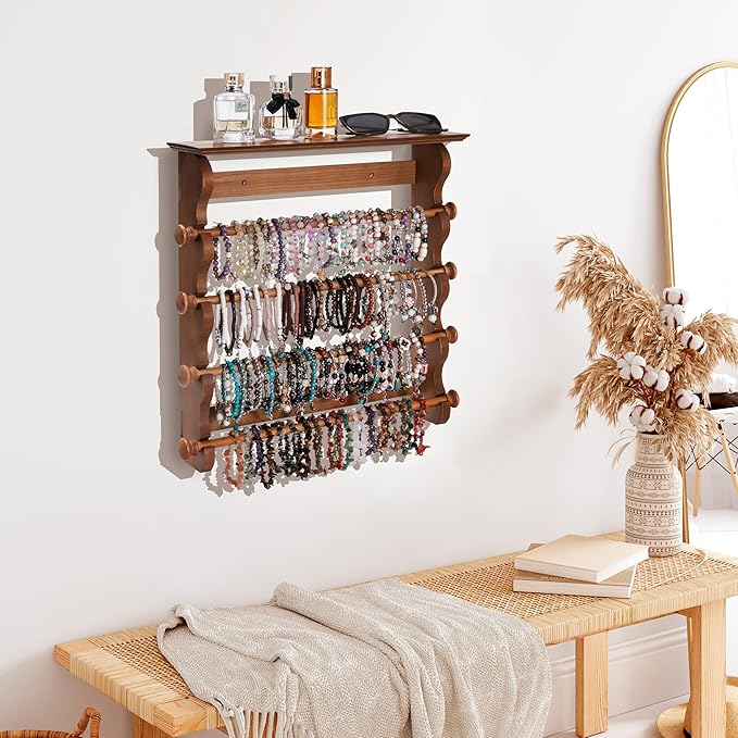 Donmills 4-Tier Wall-Mounted Wooden Bracelet Holder – Brown Jewelry Display Rack with Top Shelf for Perfume, Sunglasses & Accessories – Hanging Organizer for Bracelets, Bangles, Watches & Necklaces