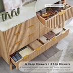 T4TREAM Fluted 9 Drawer Dresser, Modern Chest of Drawers with Faux Marble Top, Curved Profile Design, Dresser TV Stand, Wood Drawer Organizer for Bedroom, Living Room, Hallway, Natural Oak