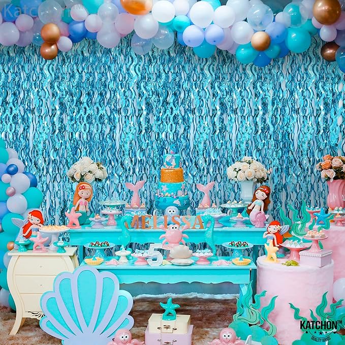 KatchOn, XtraLarge, Wavy Blue Foil Fringe Curtain - Pack of 2 | Foil Fringe Backdrop for Blue Christmas Decorations | Wavy Streamers for Winter Decorations, Birthday, Under The Sea Party Decoration