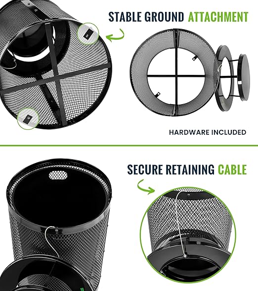 Alpine Outdoor Trash Can 36 Gallon Diamond Steel Commercial Metal Waste Bin with Leak Proof Liner, Heavy Duty Steel Mesh Design, Rain Bonnet Lid & Flat Lid for Parks, Streets, and Public Spaces-Black