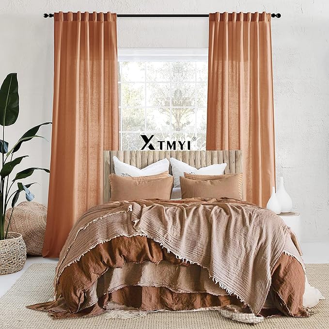 XTMYI Terracotta Vintage Boho Curtains, Rust Colored Linen Sheer Rustic Farmhouse Western Curtains for Bedroom Living Room Home Decor, 84 Inches Long, 2 Panels Set