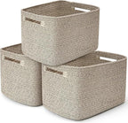 3 Pack Shelf Woven Storage Basket, 15 x 10 x 9” Closet Rope Baskets For Organizing, Square Bins with Handles, Brown