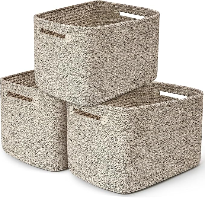 3 Pack Shelf Woven Storage Basket, 15 x 10 x 9” Closet Rope Baskets For Organizing, Square Bins with Handles, Brown