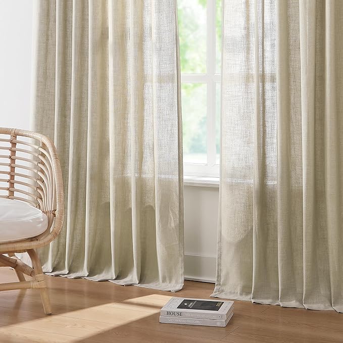 Vision Home Sand Pinch Pleated Semi Sheer Curtains Textured Linen Blended Light Filtering Window Curtains 90 inch for Living Room Bedroom Pinch Pleat Drapes with Hooks 2 Panels 40" Wx90 L,Camel Beige