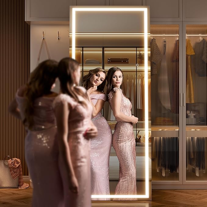 Full Length Mirror with Lights, 81" x 34" Large LED Lighted Floor Standing Body Mirror, Dimmable & 3 Color Lighting for Bedroom, Cloakroom, Dressing Room, Tempered Glass, Square Black