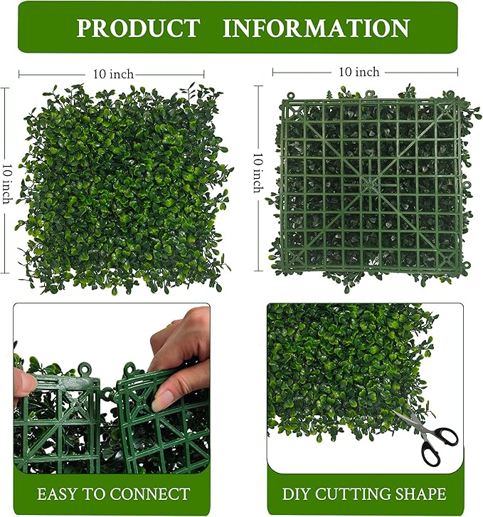 Artificial Grass Wall Panel,10"x 10"(8P) 4-Layer Leaf UV-Anti Greenery Faux Boxwood for Indoor,Outdoor Patio Balcony Privacy & Ivy Fence Covering Privacy, Garden, Backyard Wall Backdrop Decor
