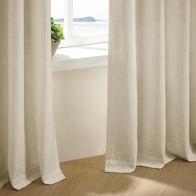 Linen Pinch Pleated Linen Curtains 2 Panels for Living Room Bedroom Memory Training Shaped Semi Sheer Pleat Drapes with Hooks Rings Light Filtering Window Curtain 40x80