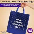 DISCOUNT PROMOS Custom Luxurious Laminated Tote Bags Set of 50, Personalized Bulk Pack - Reusable, Great for Shopping, Beach, Wedding Favors - Royal Blue