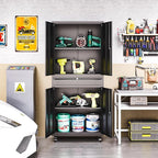 Metal Garage Storage Cabinet with 4 Wheels,Lockable Storage Cabinet with Adjustable Shelves and 1 Drawer,Rolling Tool Cabinet for Workshop Garage and School(Black)