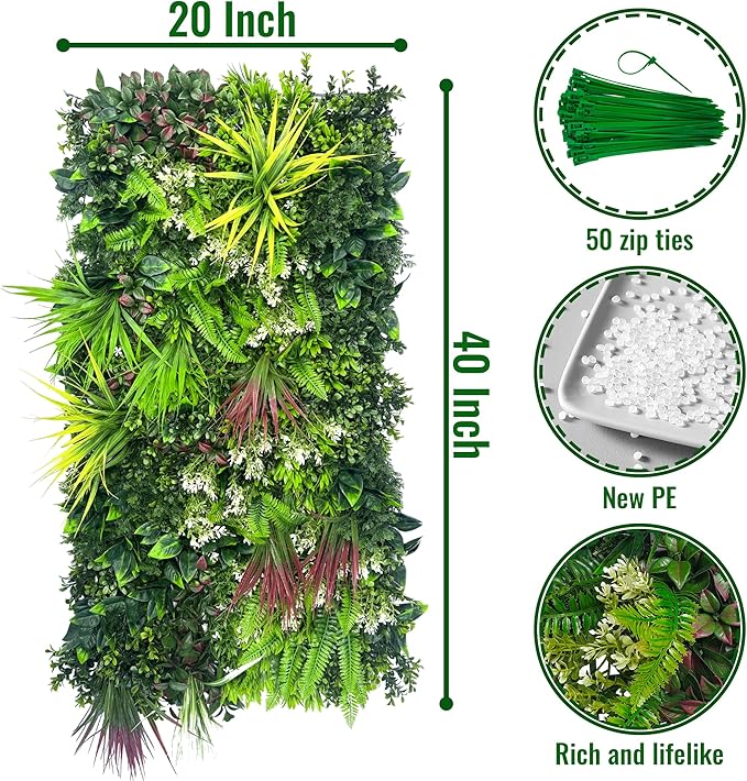 Artificial Hedge Grass Wall Panel: 40" x 20" UV-Anti Faux Boxwood Ivy Greenery Backdrop, Fake Green Plant Fence for Indoor & Outdoor Privacy Screen and Home Decor