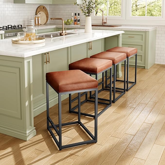 MAISON ARTS Counter Height 24 Inch Bar Stools Set of 4 for Kitchen Counter Backless Modern Barstools Industrial Upholstered Faux Leather Stools Farmhouse Island Chairs, Brown