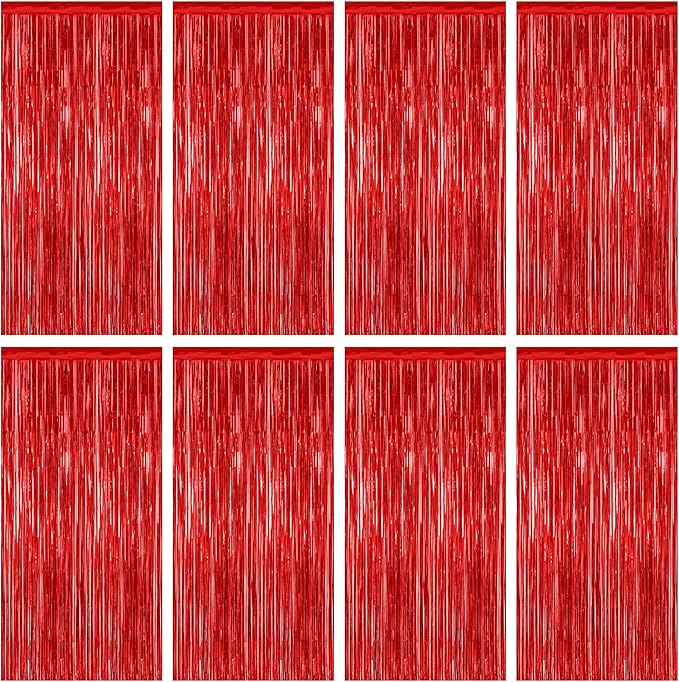 8 Pack Red Backdrop, 3.28 FT x 7.05 FT Streamer Party Decorations, Metallic Foil Fringe Curtains Party Streamer Photo Booth Backdrop, Red Tinsel Valentines Day Party Decor for Engagement Birthday