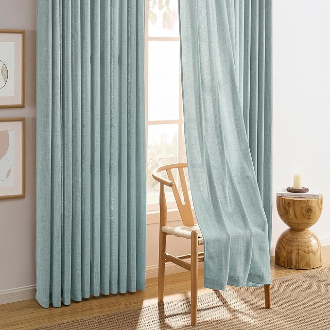 Light Blue Linen Pinch Pleat Curtains 108 Inches Long Pleated Semi Sheer Textured Drapes Hooks Back Tab Coastal Modern Light Filtering Curtain 2 Panels for Living Room Bedroom Office 42x108