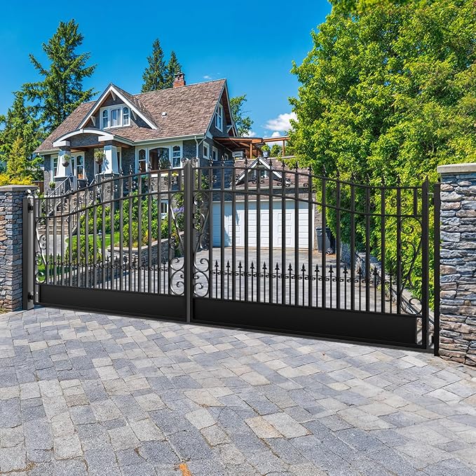 ZUMI Dual Swing Driveway Gates, 18x6 ft. Outdoor Steel Swing Gates for Driveway, Heavy-Duty Driveway Fence Gates for Home Security, Weatherproof Iron Security Gate Kit for Outdoor, Greerwich Style