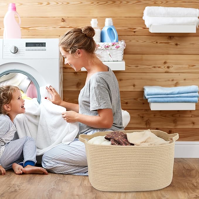 Large Rectangle Blankets Basket Living Room 22"x17"x12" Woven Jute Rope Storage Baskets for Nursery Toy Baskets for Kids and Dogs Wicker Laundry Basket Bin for Clothes Towels