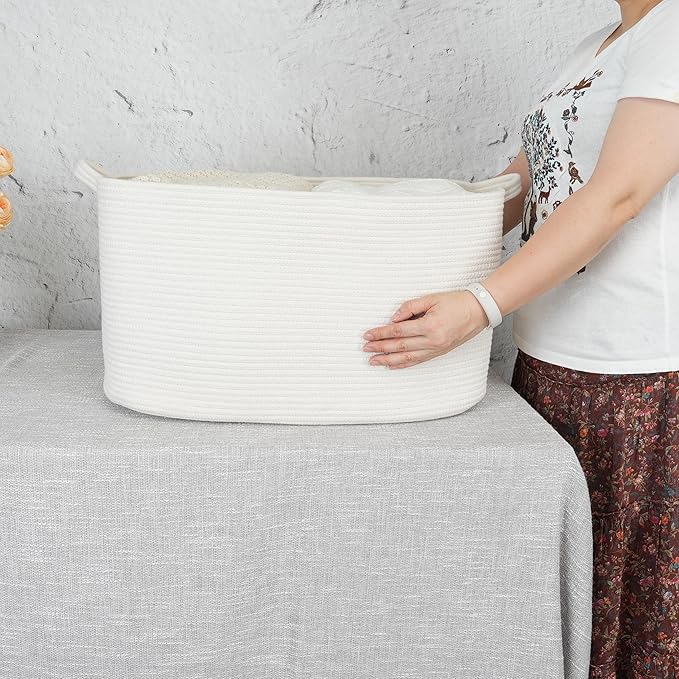 Large Rectangle Blankets Basket Living Room 22"x17"x12" Woven Cotton Rope Storage Baskets for Nursery Toy Baskets for Kids and Dogs Wicker Laundry Basket Bin for Clothes Towels white