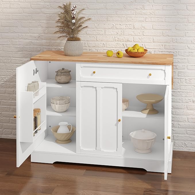 HLR Kitchen Island Cart with Storage, Carved Doors Modern Rolling Islands with Drop Leaf, Sideboard Buffet Cabinet on Wheels, Bar Table for Kitchen, Dining Room (White)