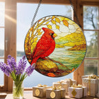 Stained Glass Window Hanging, 8 Inch Cardinal Stained Glass Suncatcher, Memorial Sun Catchers Indoor Window, Memorial Gifts, Sympathy Gift for Loss, Red Bird Decor, Cardinal Gift