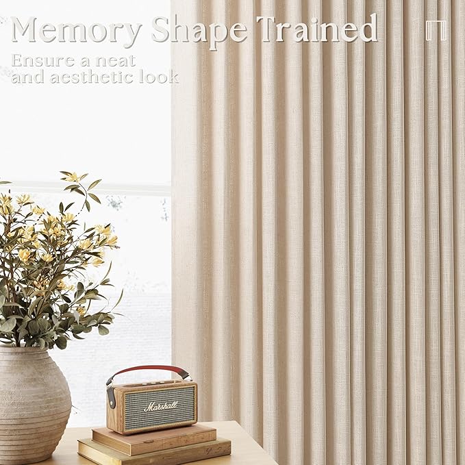 Warm Beige Linen Curtains 102 Inches Long 2 Panels for Living Room Thick Linen Flax Cloth Pinch Pleated Memory Trained Back Tab Light Filtering Semi Sheer Curtain with Hook Rings Sand Cream Neutral