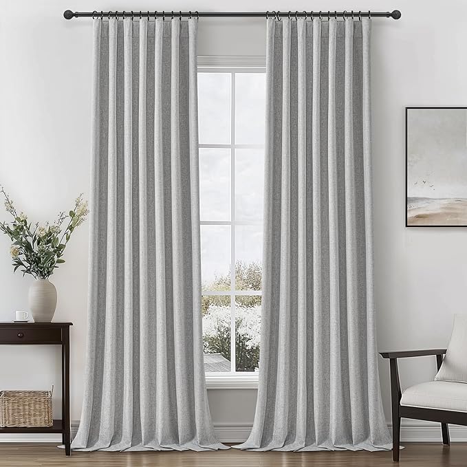 Gray 100% Black Out Linen Curtains 120 Inches Long 2 Panels Set for Kids Boys Room, Country Farmhouse Pleated Ceiling Track Curtain with Rod Pocket Window Drapes Heavy Thermal Privacy for Nursery