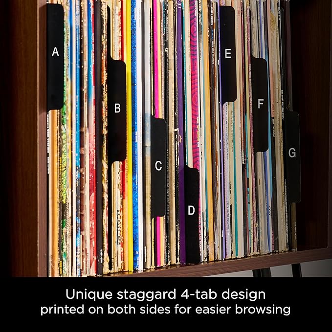 Carstens Records Heavy Duty Vinyl Album Dividers | 12" LP Separators with Tabs | Made in The USA | Music Organizer Tabs for Collectors (Black, Double-Sided, A-Z Vertical Tabs, 26 Tab Set)