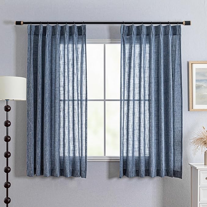 MYSKY HOME Blue Curtains for Bedroom 63 Inches Long Semi Sheer Light Filtering Drapes for Small Window Pinch Pleated Linen Look Window Draperies Set Country Curtains, 40 x 63 in, Dusty Blue, 2 Pieces
