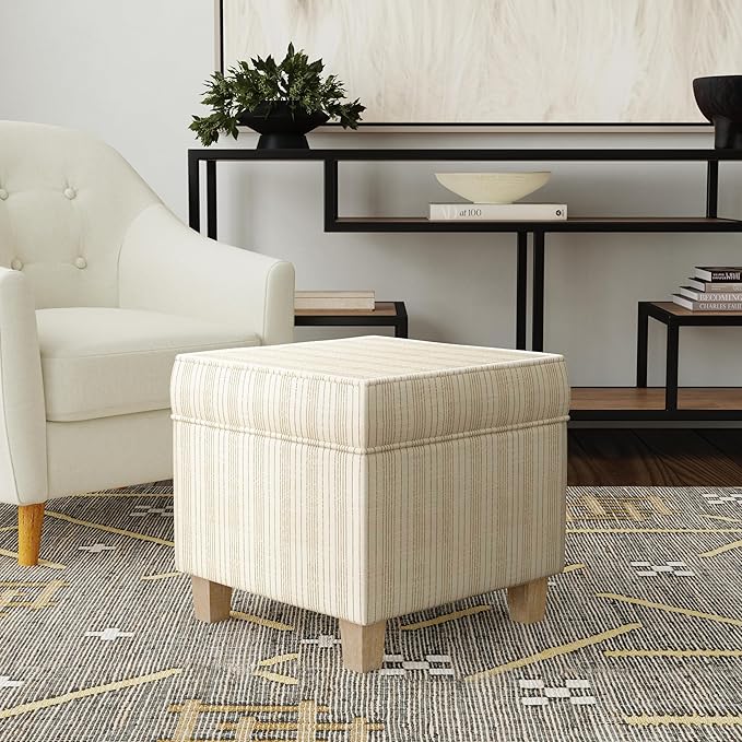 Homepop Home Decor Classic Square Storage Ottoman with Lift Off Lid | Ottoman with Storage for Living Room & Bedroom, Marigold Pinstripe Cream Fabric