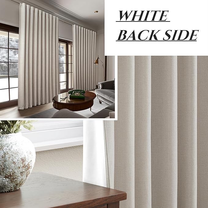Curtains 60 Inch Length Wide Pleated Blackout Curtain for Sliding Glass Door/Living Room, Farmhouse Natural Linen Thick Boho Bedroom Heavy Insulated Large Window Drapes (60" Wx90 Lx2Panels)
